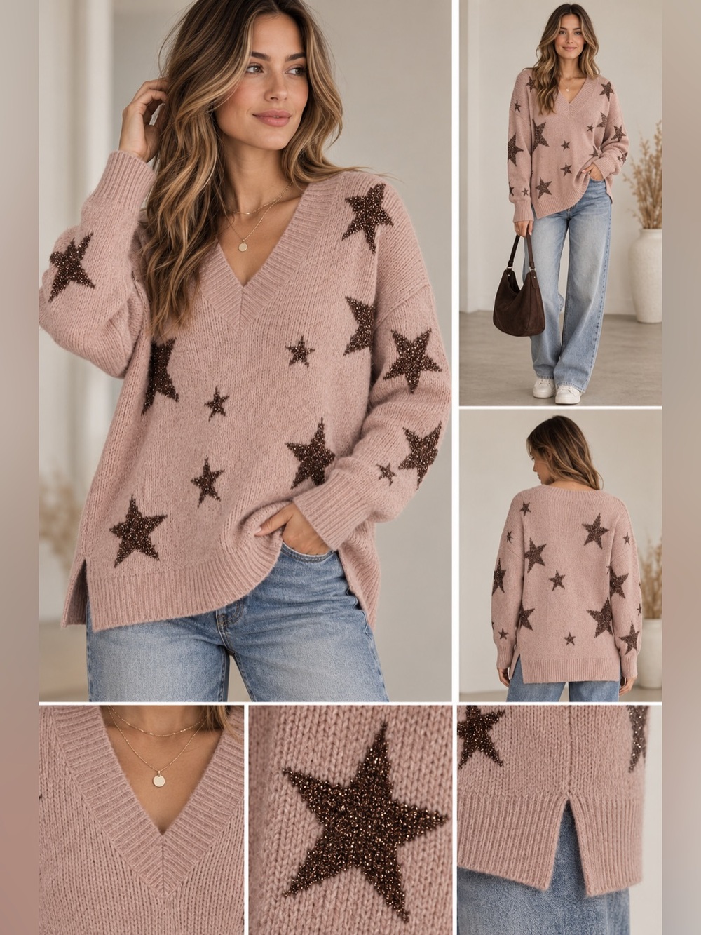 ALLSAINTS Star V-Neck Jumper Pink Alpaca Wool Metallic Sweater S